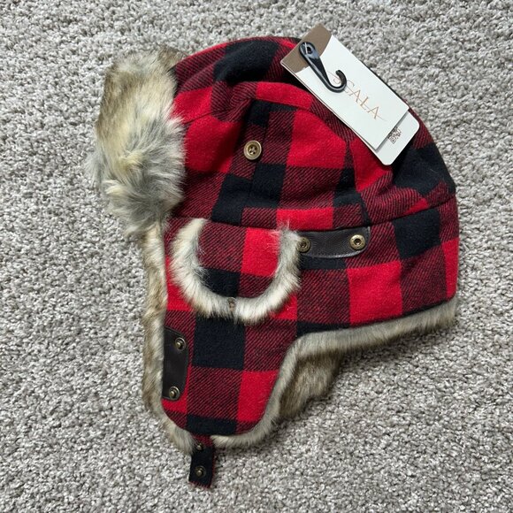 NWT Scala Unisex One Sz Buffalo Plaid Trapper Hat Faux Fur Red - Picture 2 of 10
